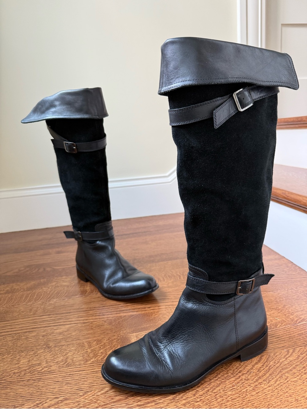 Sesto Meucci Black Leather & Suede Over-the-Knee Buckle Boots